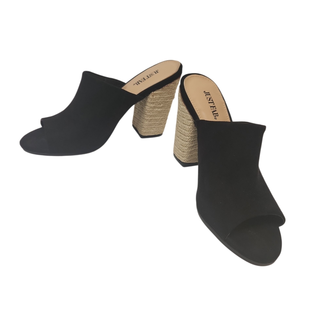 JustFab Black Open-Toe Mules with Woven Heel